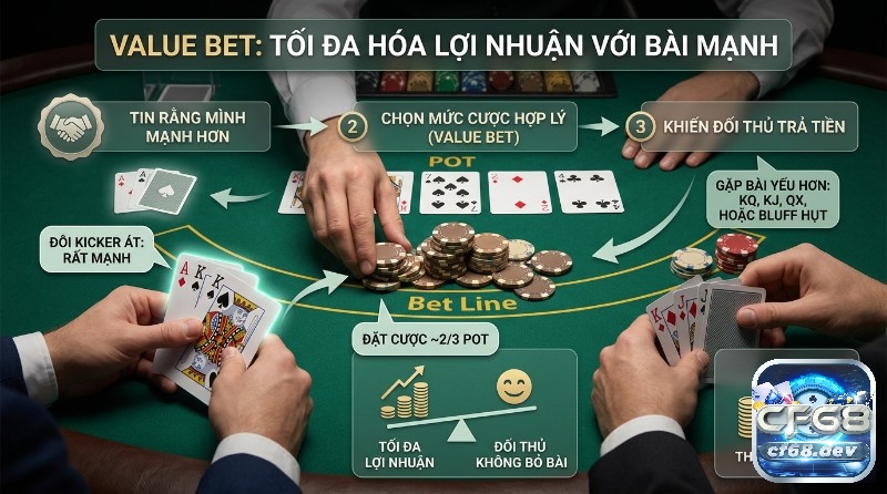 Vòng cược River là gì? Hướng dẫn dễ hiểu cho người mới chơi Value Bet tối đa hóa lợi nhuận với bài mạnh trên bàn poker. Hướng dẫn đặt cược 2/3 pot khi cầm A K, bài chung K Q 7 2 4, đối thủ cầm K J để thắng pot lớn