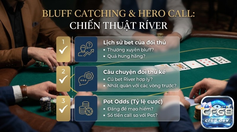 Vòng cược River là gì? Hướng dẫn dễ hiểu cho người mới chơi Chiến thuật Bluff Catching & Hero Call vòng River: phân tích lịch sử bet, câu chuyện đối thủ, Pot Odds trên bàn poker